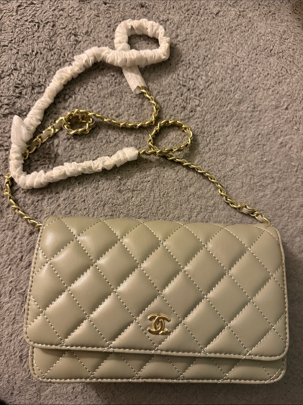 Quilted Lambskin Crossbody Bag in Light Beige with Gold Hardware